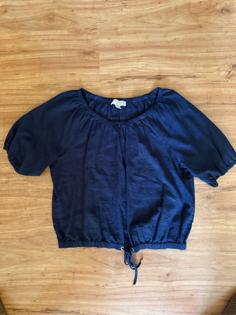 Michael Kors Navy Drawstring Crop Top with Short Puff Sleeves